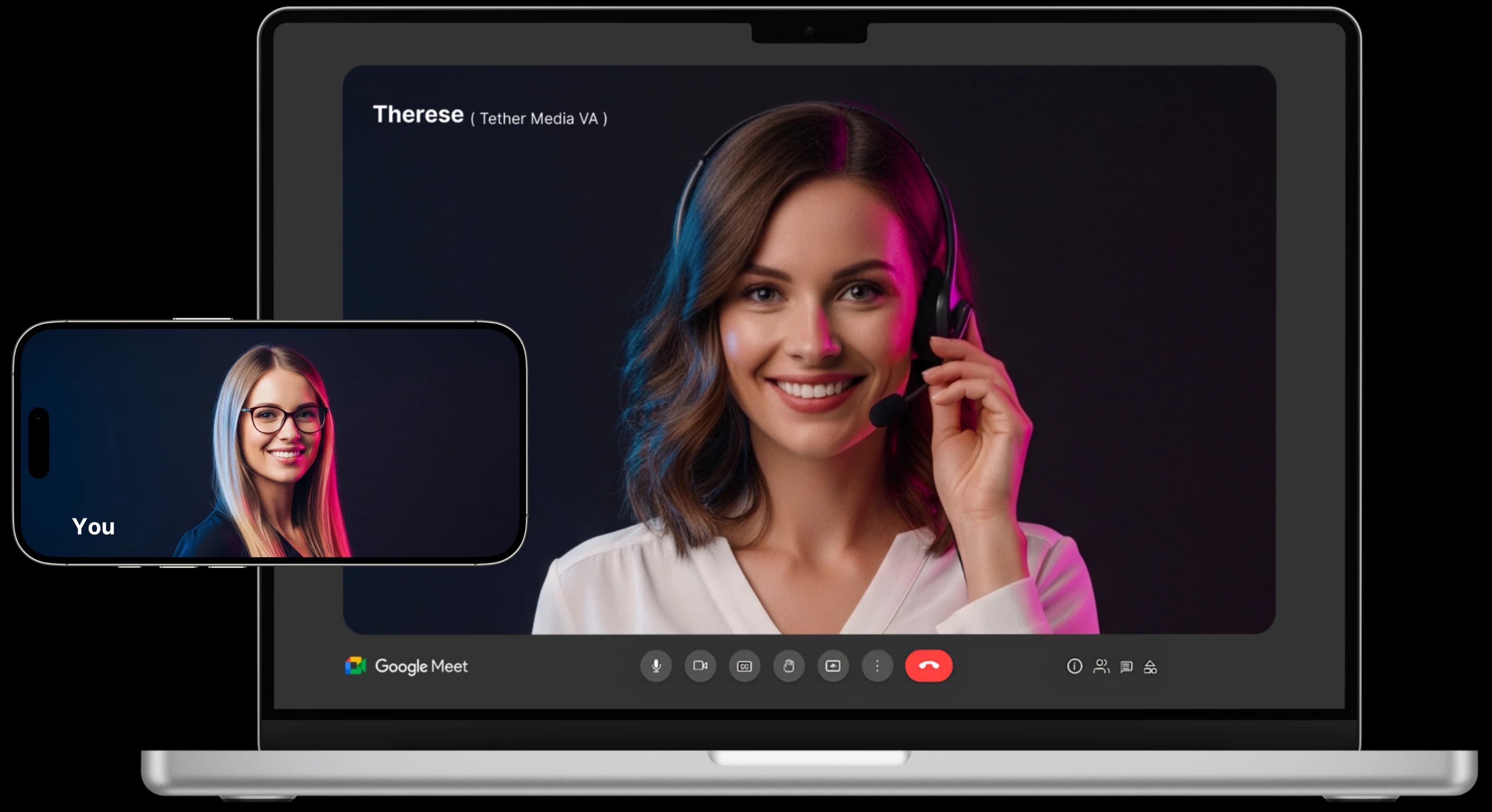 Laptop and phone showing video call with Tether Media VA